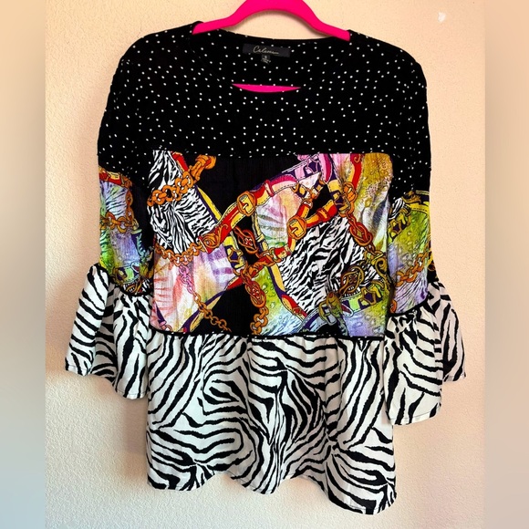 Calessa Colorful Abstract Zebra Print Flared Bell Sleeve 3/4 Sleeve Blouse S - Picture 1 of 7